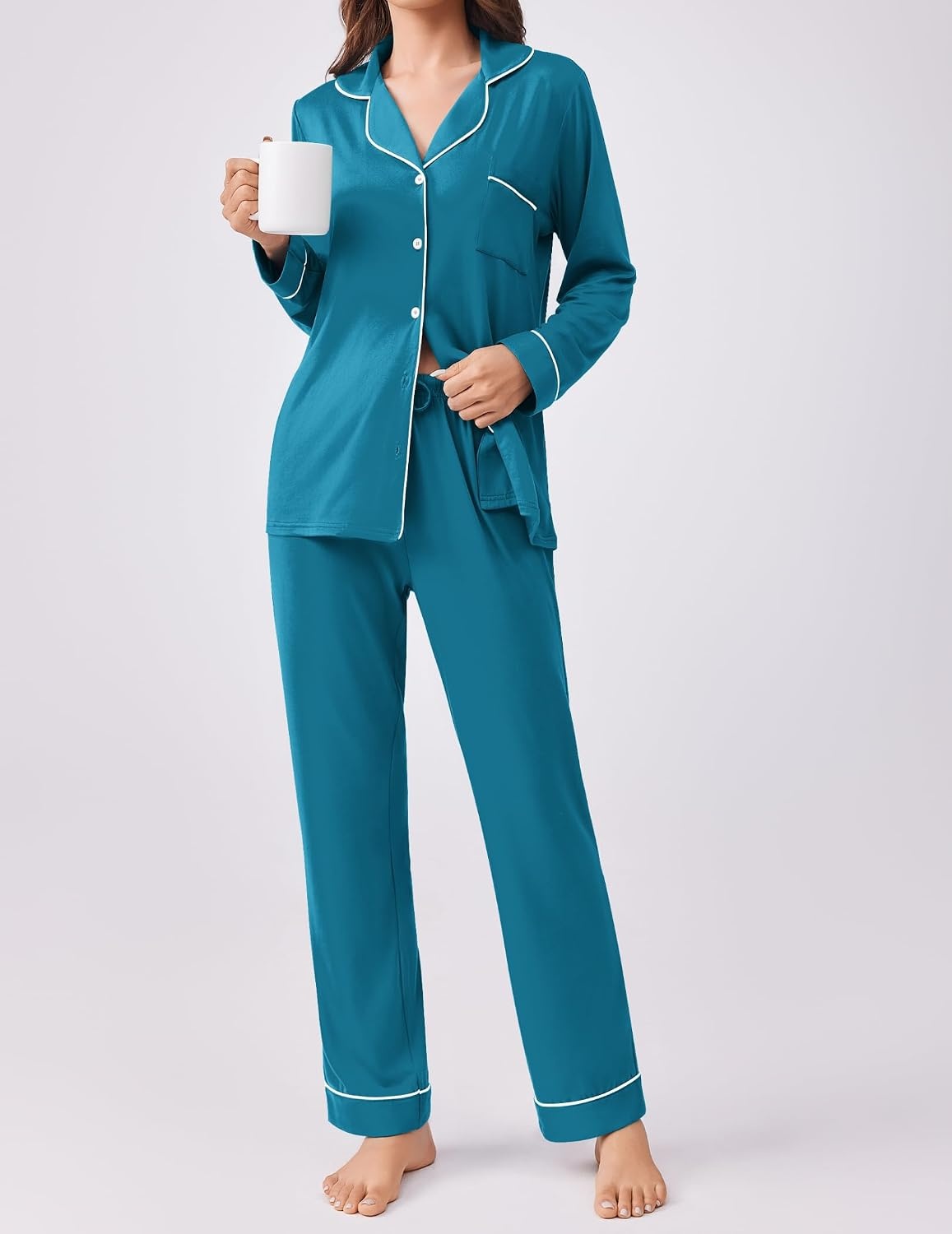 image:imageEkouaer Womens Pajamas Set Button Down Long Sleeve Top amp Pants Lounge Sets Soft Sleepwear Classic notch collar ideal for Home relaxation Wedding Party Daily Wear amp BreastfeedingDeep Lake Blue