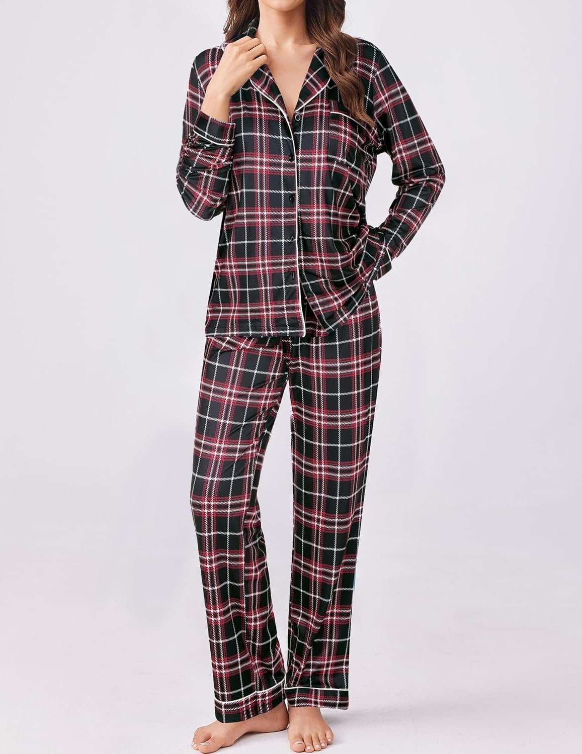 image:imageEkouaer Womens Pajamas Set Button Down Long Sleeve Top amp Pants Lounge Sets Soft Sleepwear Classic notch collar ideal for Home relaxation Wedding Party Daily Wear amp BreastfeedingBblack Plaid
