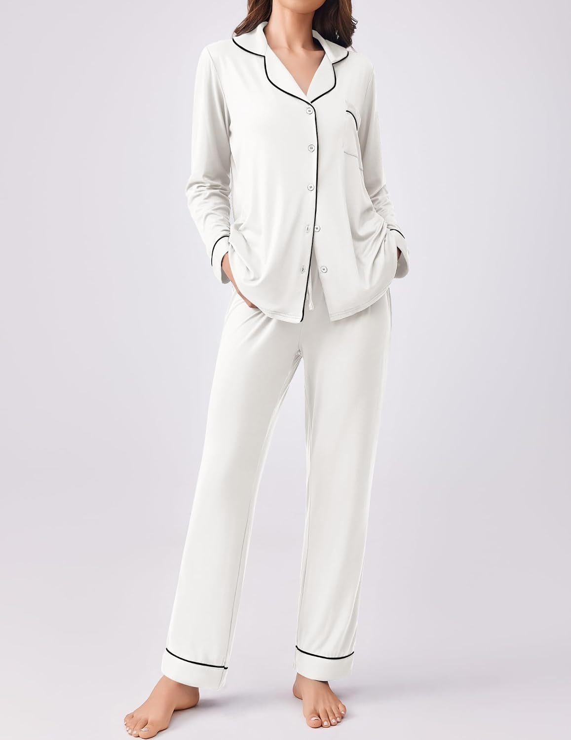 image:imageEkouaer Womens Pajamas Set Button Down Long Sleeve Top amp Pants Lounge Sets Soft Sleepwear Classic notch collar ideal for Home relaxation Wedding Party Daily Wear amp BreastfeedingWhite