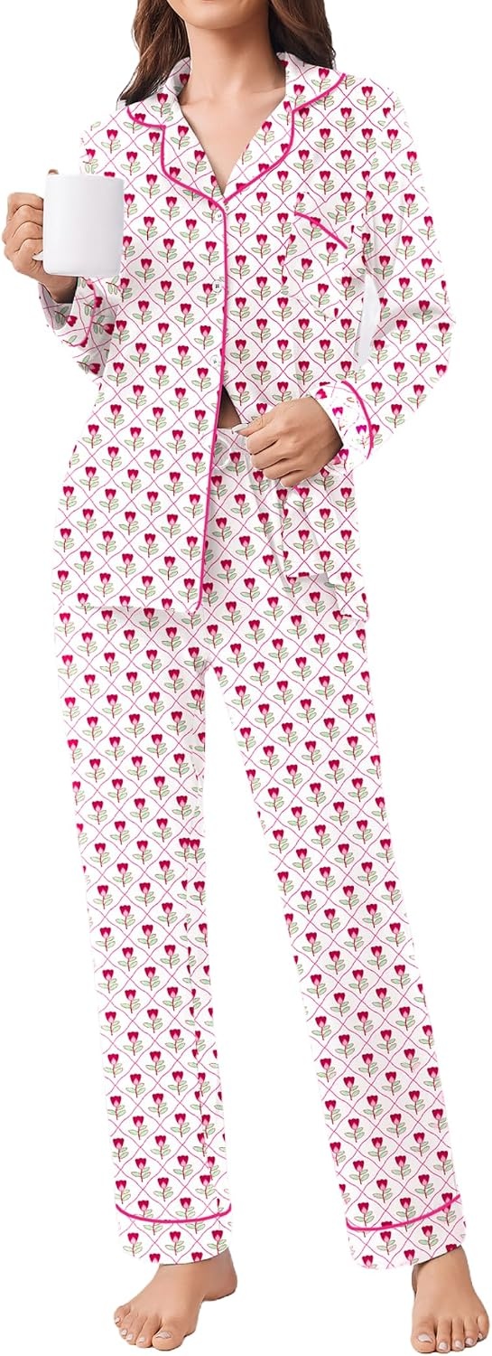 image:imageEkouaer Womens Pajamas Set Button Down Long Sleeve Top amp Pants Lounge Sets Soft Sleepwear Classic notch collar ideal for Home relaxation Wedding Party Daily Wear amp BreastfeedingSmall Red Flowers