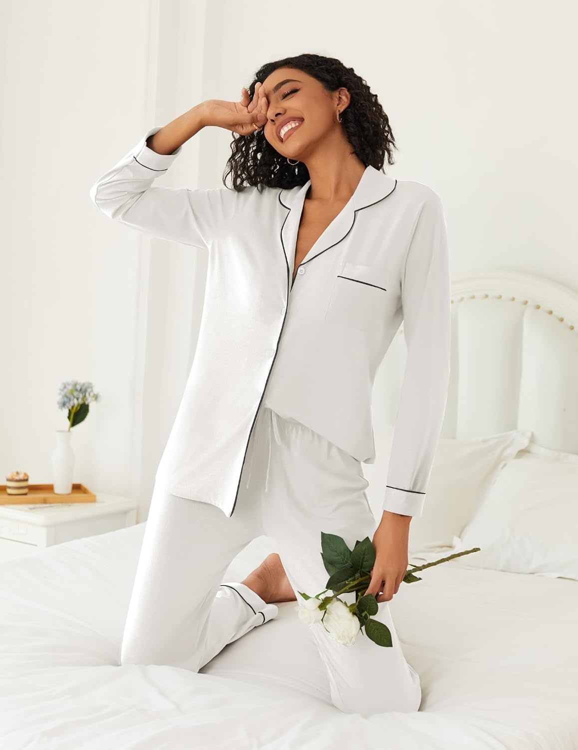 image:imageEkouaer Womens Pajamas Set Button Down Long Sleeve Top amp Pants Lounge Sets Soft Sleepwear Classic notch collar ideal for Home relaxation Wedding Party Daily Wear amp BreastfeedingWhite