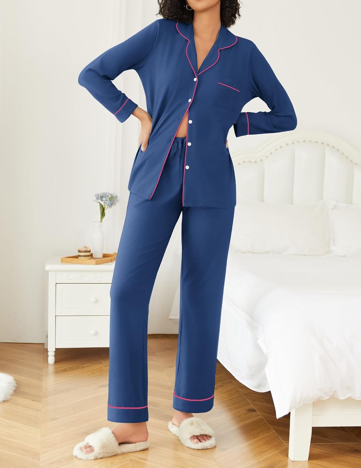 image:imageEkouaer Womens Pajamas Set Button Down Long Sleeve Top amp Pants Lounge Sets Soft Sleepwear Classic notch collar ideal for Home relaxation Wedding Party Daily Wear amp BreastfeedingDeep Blue