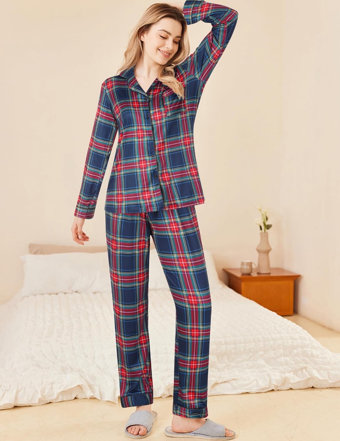 image:imageEkouaer Womens Pajamas Set Button Down Long Sleeve Top amp Pants Lounge Sets Soft Sleepwear Classic notch collar ideal for Home relaxation Wedding Party Daily Wear amp BreastfeedingBred Green Plaid