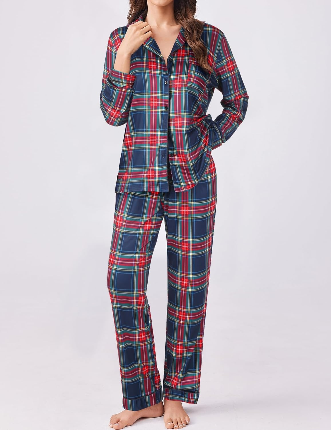 image:imageEkouaer Womens Pajamas Set Button Down Long Sleeve Top amp Pants Lounge Sets Soft Sleepwear Classic notch collar ideal for Home relaxation Wedding Party Daily Wear amp BreastfeedingBred Green Plaid