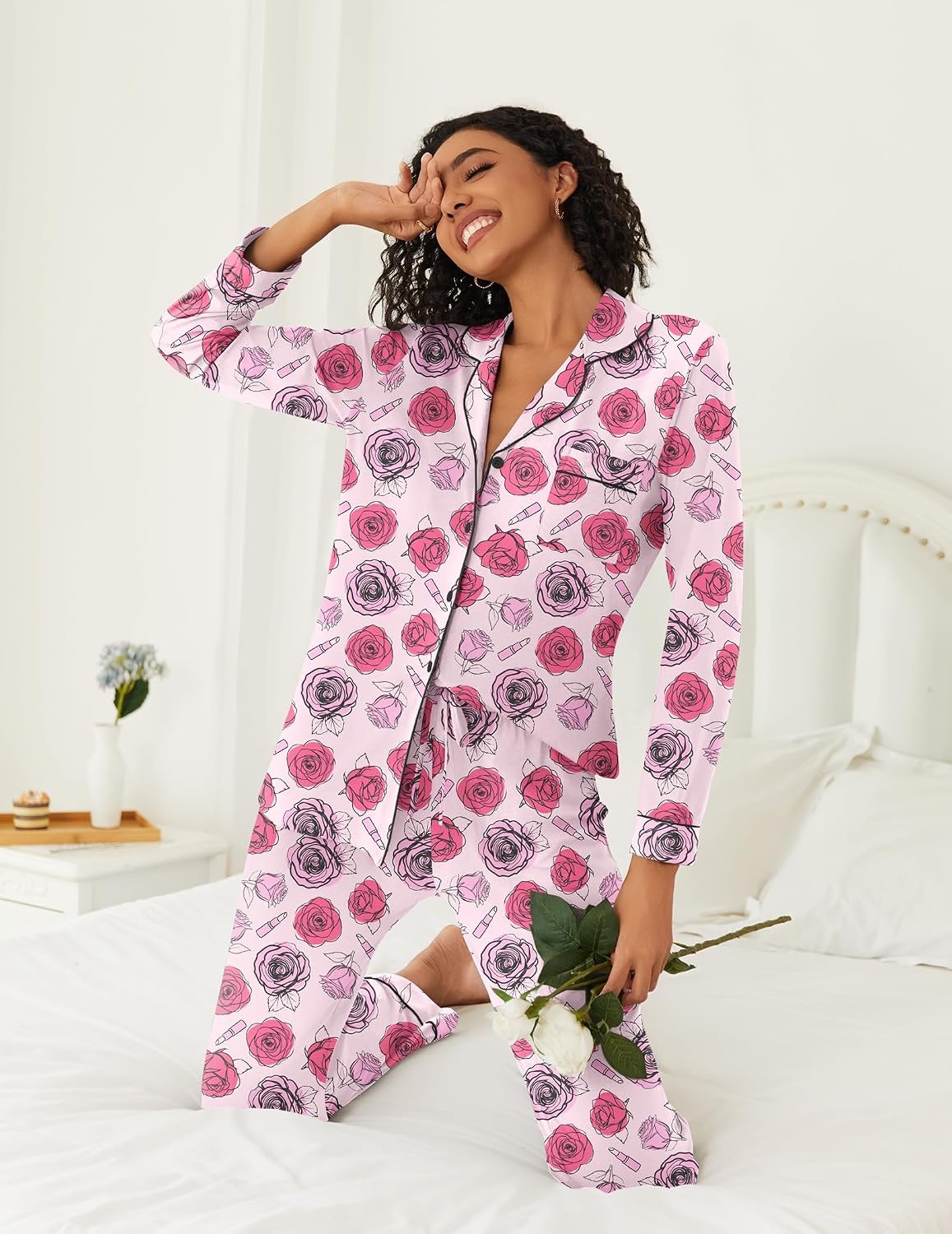 image:imageEkouaer Womens Pajamas Set Button Down Long Sleeve Top amp Pants Lounge Sets Soft Sleepwear Classic notch collar ideal for Home relaxation Wedding Party Daily Wear amp BreastfeedingPanting Rose