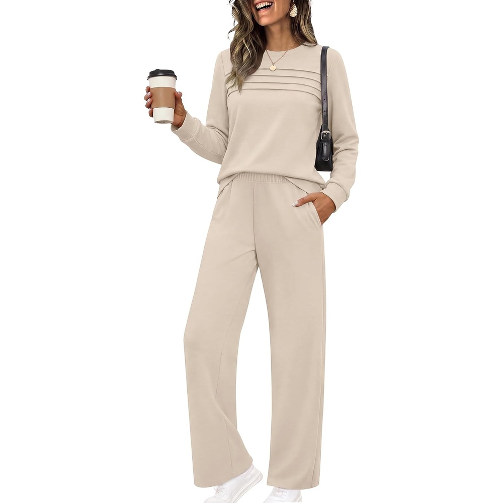 image:imageEkouaer 2 Piece Sets for Women Lounge Set Airport Fall Travel Outfits 2026 Pleated Top Long Sleeve Wide Leg Pants Casual Tracksuit Matching Sets Cozy Sweatsuits Vacation Fashion Women ClothingBeige