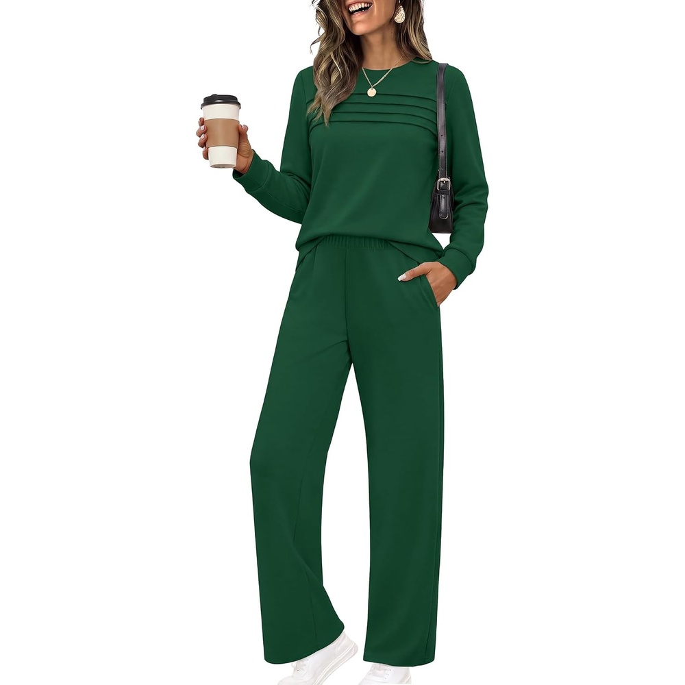 image:imageEkouaer 2 Piece Sets for Women Lounge Set Airport Fall Travel Outfits 2026  Pleated Top Long Sleeve Wide Leg Pants Casual Tracksuit Matching Sets Cozy Sweatsuits Vacation Fashion Women ClothingForest Green