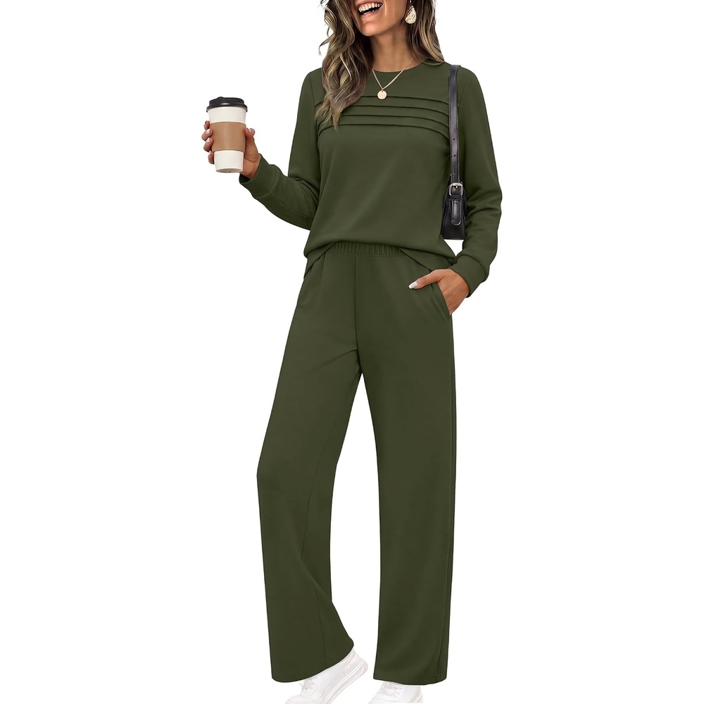 image:imageEkouaer 2 Piece Sets for Women Lounge Set Airport Fall Travel Outfits 2026 Pleated Top Long Sleeve Wide Leg Pants Casual Tracksuit Matching Sets Cozy Sweatsuits Vacation Fashion Women ClothingArmy Green