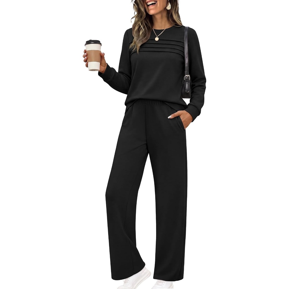 image:imageEkouaer 2 Piece Sets for Women Lounge Set Airport Fall Travel Outfits 2026 Pleated Top Long Sleeve Wide Leg Pants Casual Tracksuit Matching Sets Cozy Sweatsuits Vacation Fashion Women ClothingBlack