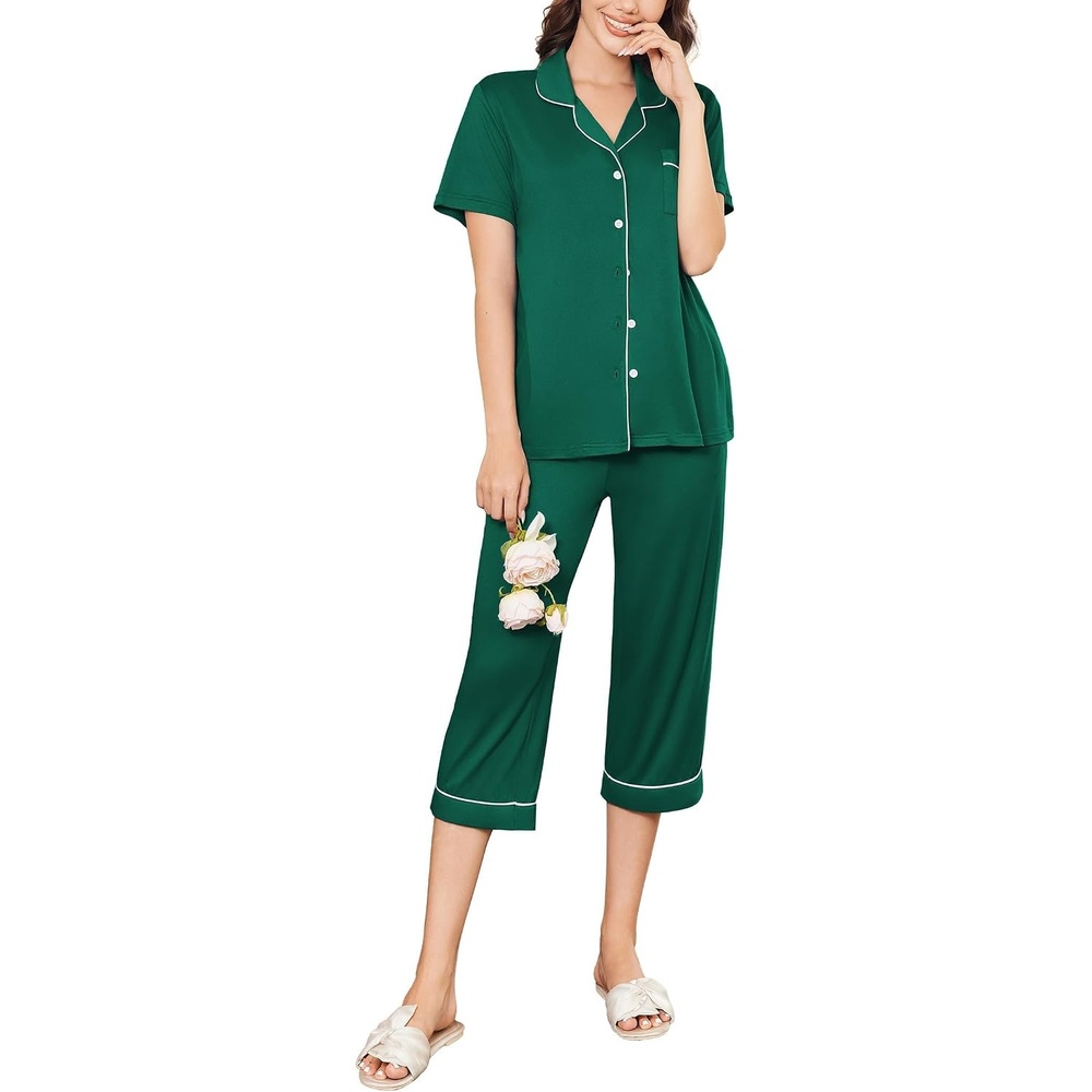 image:imageEkouaer Capri Pajamas for Women Short Sleeve Button Down Sleepwear Comfy Lounge Set 2Piece Pants Pjs Capri Pants With PocketsChest PocketNotch CollarContrast PipingsSleepwear For Home LoungwearWeddingPartyampBreastfeedingLake Green