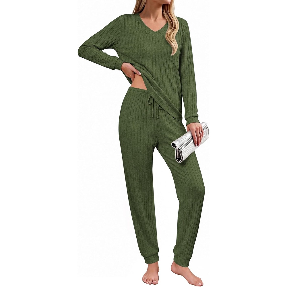 image:imageEkouaer Lounge Sets for Women Long Sleeve Ribbed Knit Pajama Set Soft Warm Fall Winter Outfits 2026 V Neck Long Sleeve Tops Long Pants with Pockets 2 Piece Loungewear Home WearArmy Green