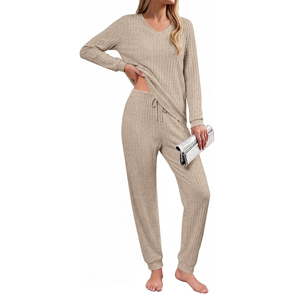 image:imageEkouaer Lounge Sets for Women Long Sleeve Ribbed Knit Pajama Set  Soft Warm Fall Winter Outfits 2026 V Neck Long Sleeve Tops Long Pants with Pockets 2 Piece Loungewear Home WearDark Gray