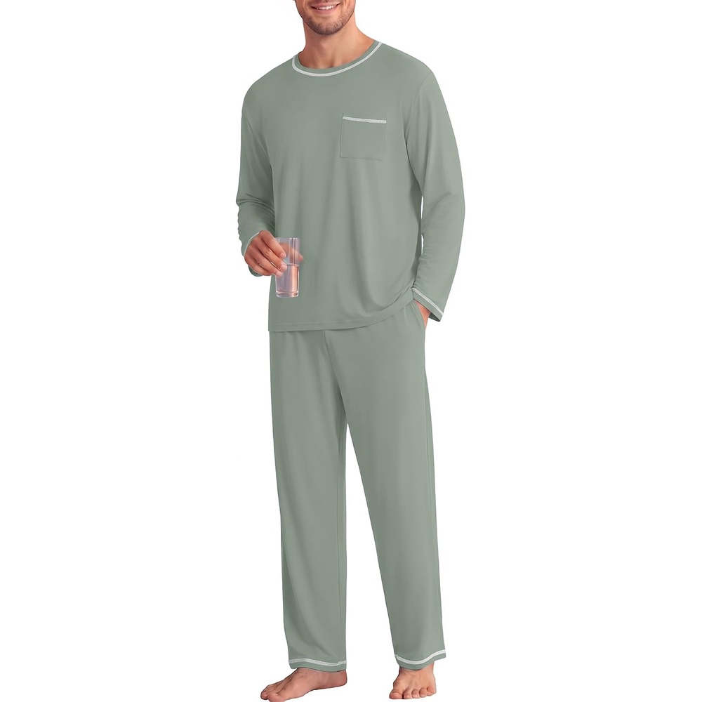 image:imageEkouaer Mens Long Sleeve TShirt Pajama Set Soft 2 Piece Lounge Set Lightweight Long Sleeve Shirts and Bottoms Soft Comfy Sleep Sets2 Pieces LoungewearCrew NeckSage Green