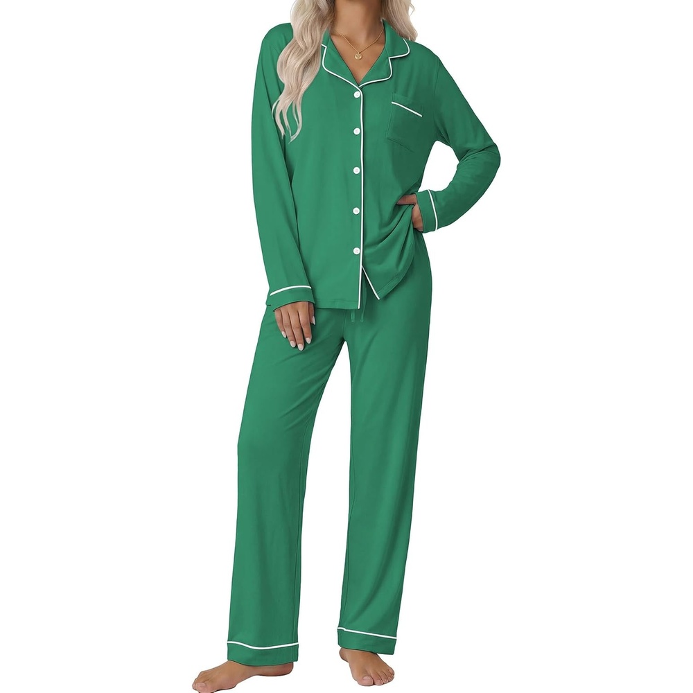 image:imageEkouaer Pajamas Womens Long Sleeve Sleepwear Button Down Loungewear Pjs Set Comfy SoftClassic Notch Collar2 Piece Matching Set for PostpartumMaternityBridalTravelDailyGiftGreen
