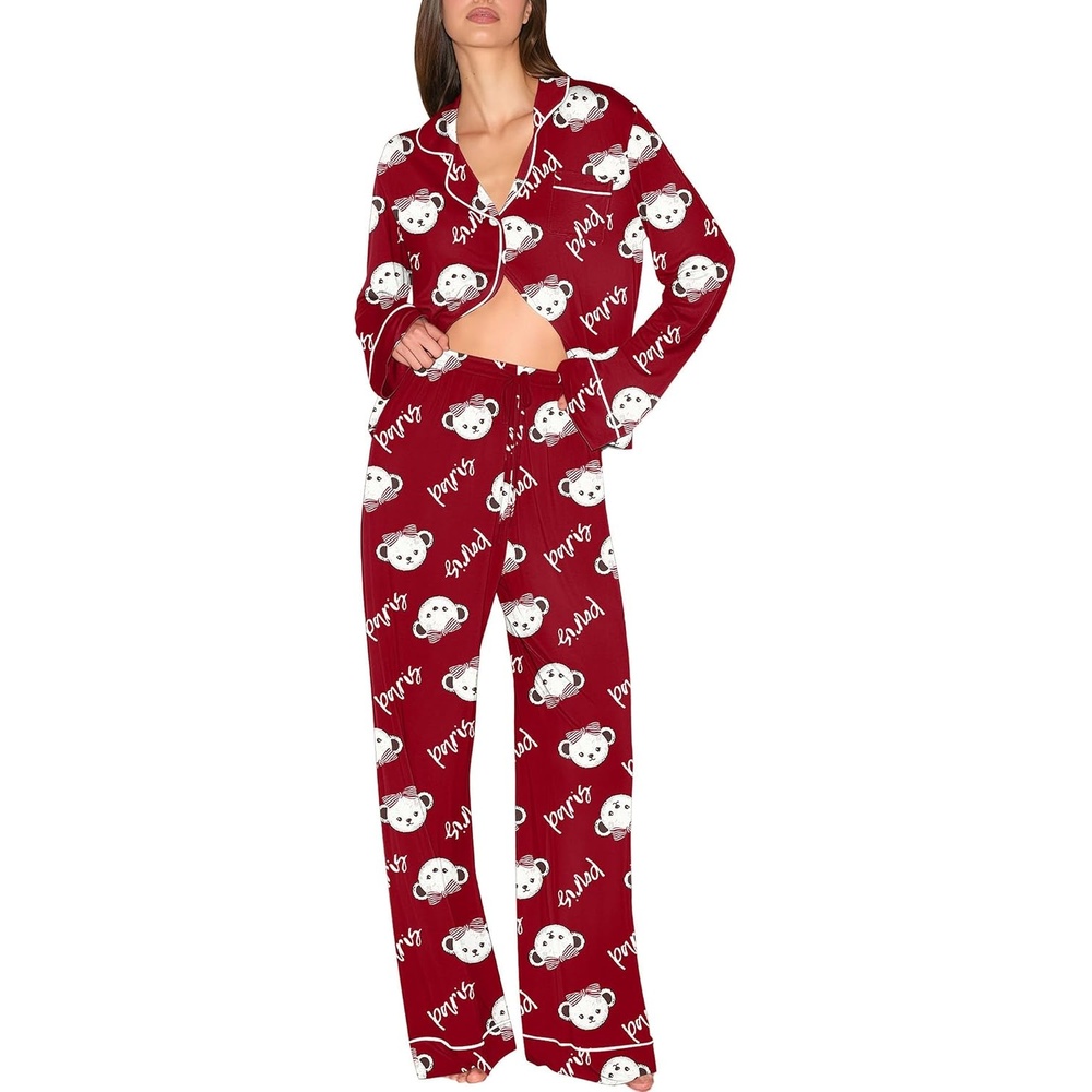 image:imageEkouaer Pajamas Womens Long Sleeve Sleepwear Button Down Loungewear Pjs Set Comfy SoftClassic Notch Collar2 Piece Matching Set for PostpartumMaternityBridalTravelDailyGiftTeddy Wine