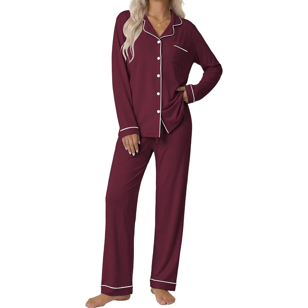 image:imageEkouaer Pajamas Womens Long Sleeve Sleepwear Button Down Loungewear Pjs Set Comfy SoftClassic Notch Collar2 Piece Matching Set for PostpartumMaternityBridalTravelDailyGiftWine Red
