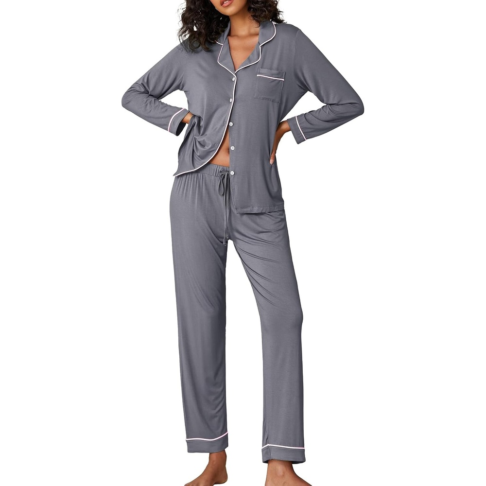 image:imageEkouaer Pajamas Womens Long Sleeve Sleepwear Button Down Loungewear Pjs Set Comfy SoftClassic Notch Collar2 Piece Matching Set for PostpartumMaternityBridalTravelDailyGiftGray