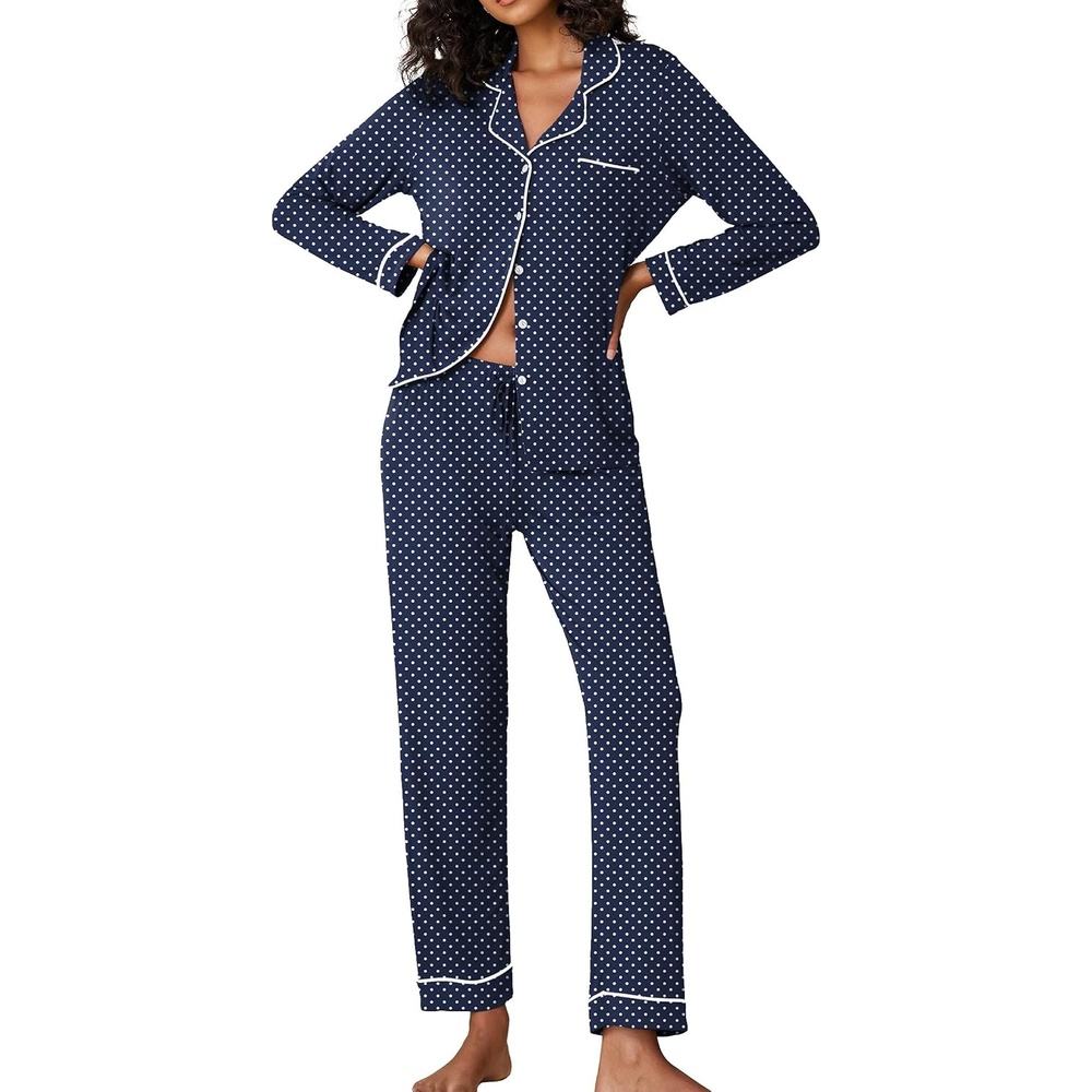 image:imageEkouaer Pajamas Womens Long Sleeve Sleepwear Button Down Loungewear Pjs Set Comfy SoftClassic Notch Collar2 Piece Matching Set for PostpartumMaternityBridalTravelDailyGiftNavy With White Dots
