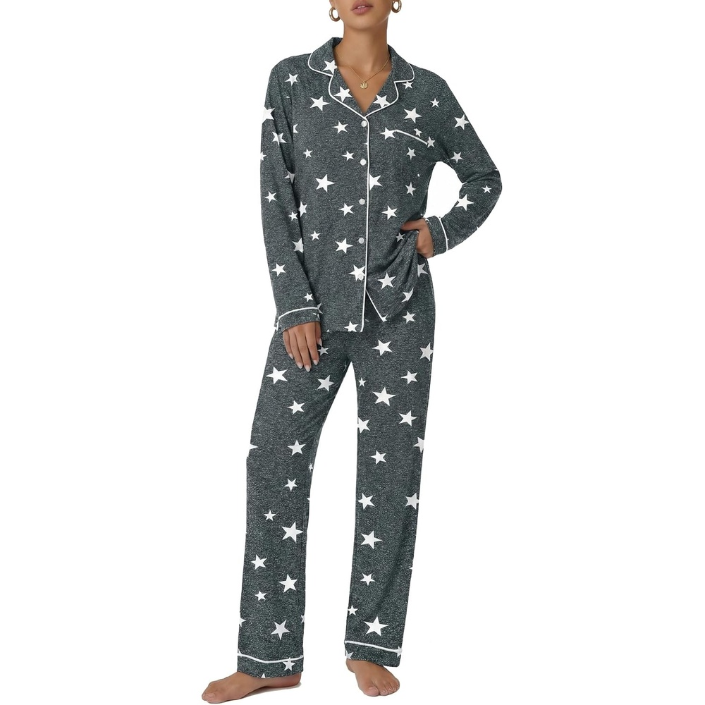 image:imageEkouaer Pajamas Womens Long Sleeve Sleepwear Button Down Loungewear Pjs Set Comfy SoftClassic Notch Collar2 Piece Matching Set for PostpartumMaternityBridalTravelDailyGiftDark Grey White Stars