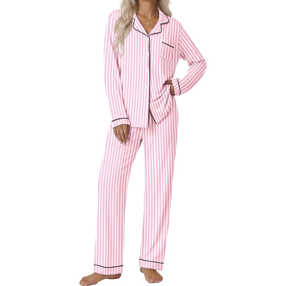 image:imageEkouaer Pajamas Womens Long Sleeve Sleepwear Button Down Loungewear Pjs Set Comfy SoftClassic Notch Collar2 Piece Matching Set for PostpartumMaternityBridalTravelDailyGiftStriped Pink