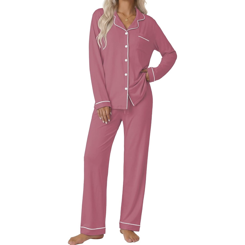 image:imageEkouaer Pajamas Womens Long Sleeve Sleepwear Button Down Loungewear Pjs Set Comfy SoftClassic Notch Collar2 Piece Matching Set for PostpartumMaternityBridalTravelDailyGiftDusty Pink