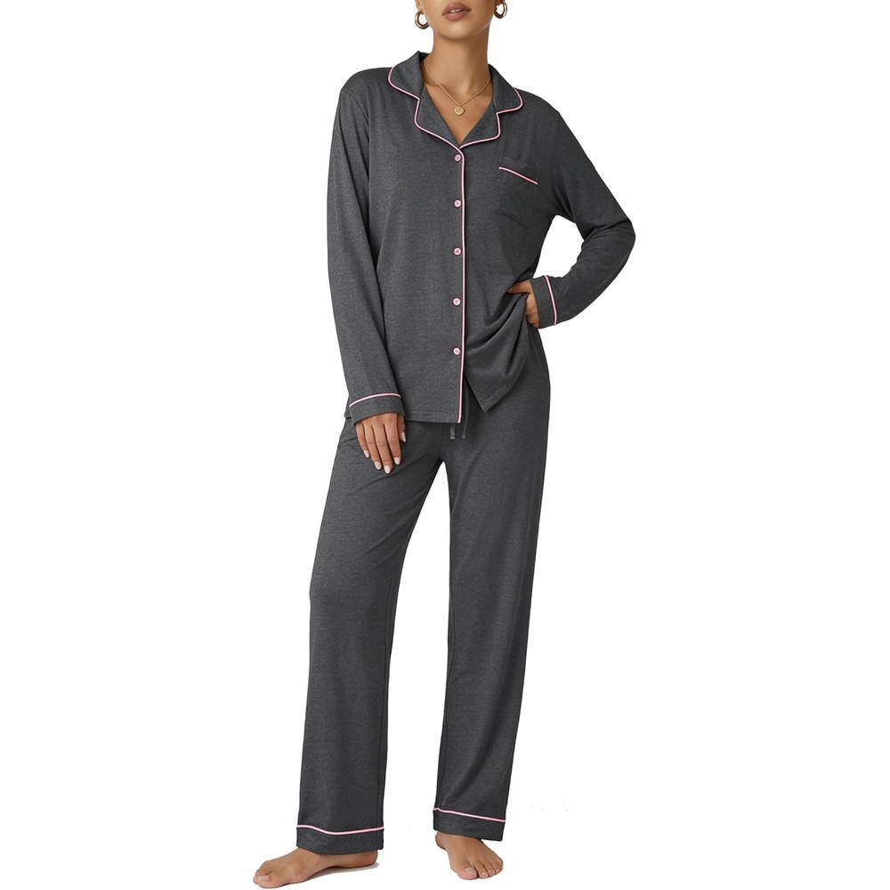 image:imageEkouaer Pajamas Womens Long Sleeve Sleepwear Button Down Loungewear Pjs Set Comfy SoftClassic Notch Collar2 Piece Matching Set for PostpartumMaternityBridalTravelDailyGiftDeep Flower Gray