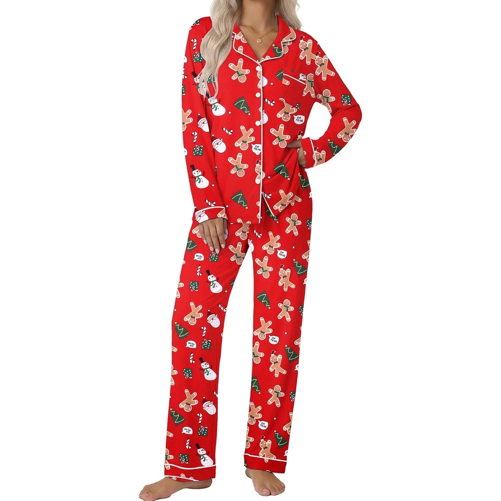 image:imageEkouaer Pajamas Womens Long Sleeve Sleepwear Button Down Loungewear Pjs Set Comfy SoftClassic Notch Collar2 Piece Matching Set for PostpartumMaternityBridalTravelDailyGiftChristmas Red With Gingerbread Man