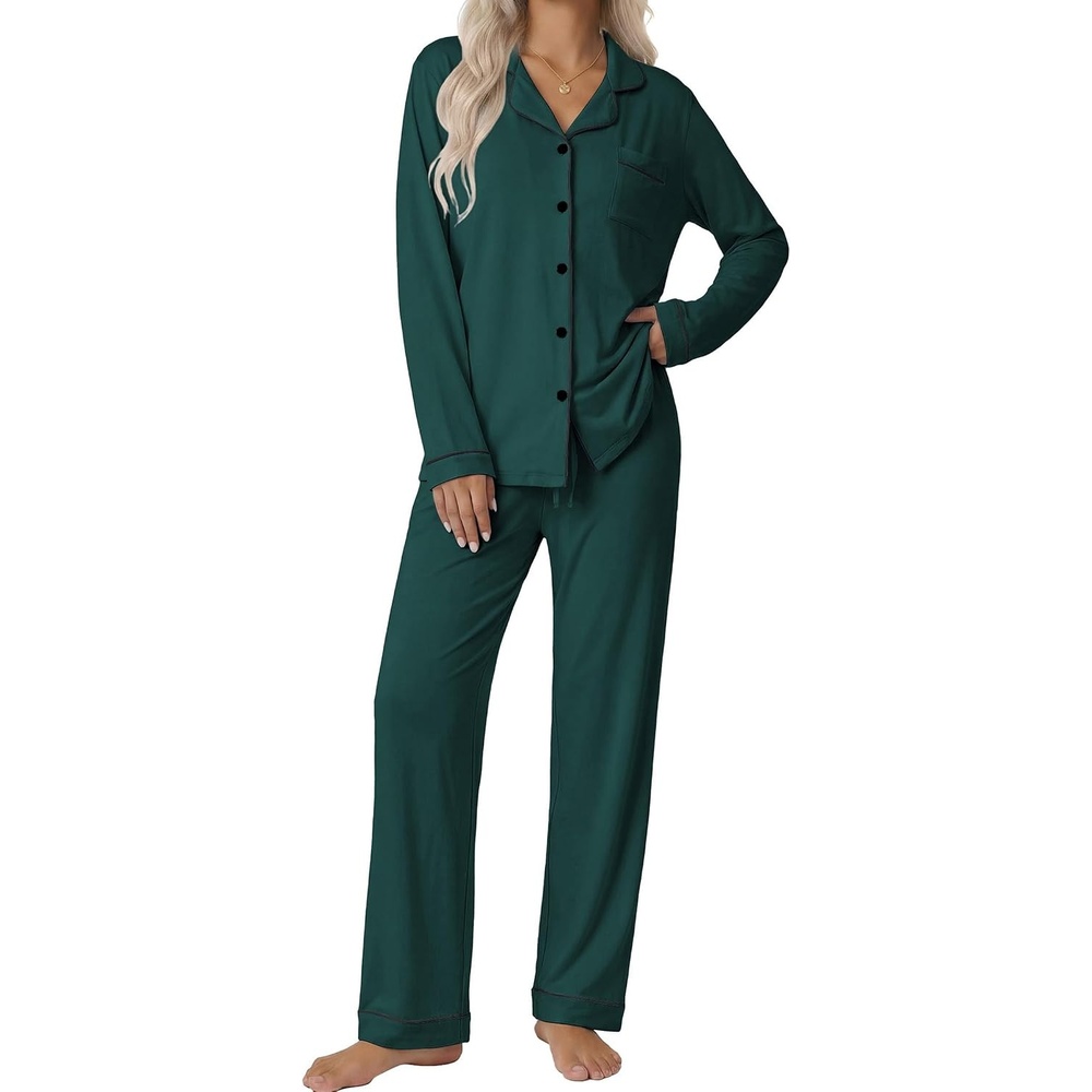 image:imageEkouaer Pajamas Womens Long Sleeve Sleepwear Button Down Loungewear Pjs Set Comfy SoftClassic Notch Collar2 Piece Matching Set for PostpartumMaternityBridalTravelDailyGiftDark Green