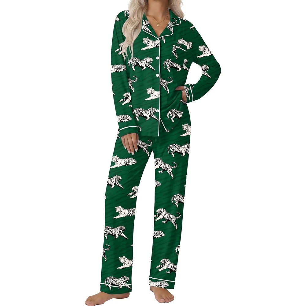 image:imageEkouaer Pajamas Womens Long Sleeve Sleepwear Button Down Loungewear Pjs Set Comfy SoftClassic Notch Collar2 Piece Matching Set for PostpartumMaternityBridalTravelDailyGiftDark Greentiger