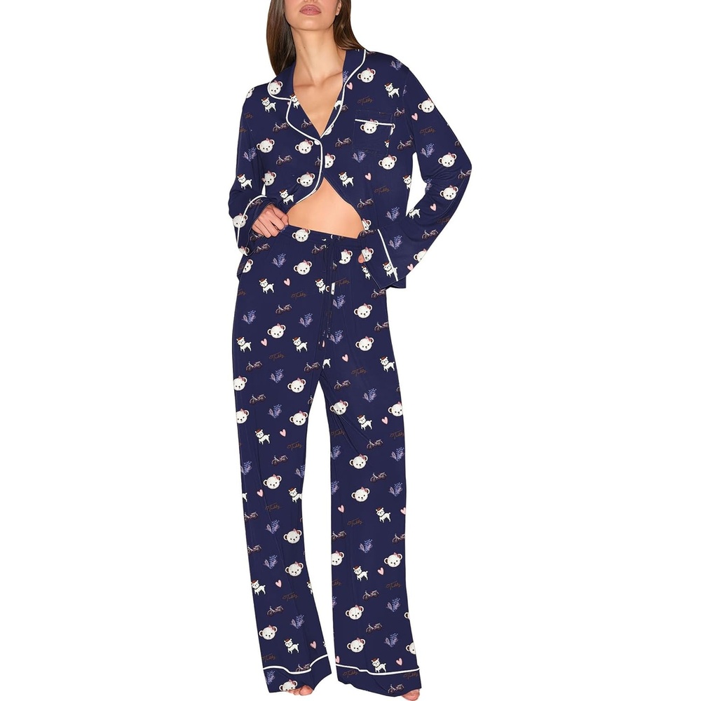 image:imageEkouaer Pajamas Womens Long Sleeve Sleepwear Button Down Loungewear Pjs Set Comfy SoftClassic Notch Collar2 Piece Matching Set for PostpartumMaternityBridalTravelDailyGiftTeddy Navy