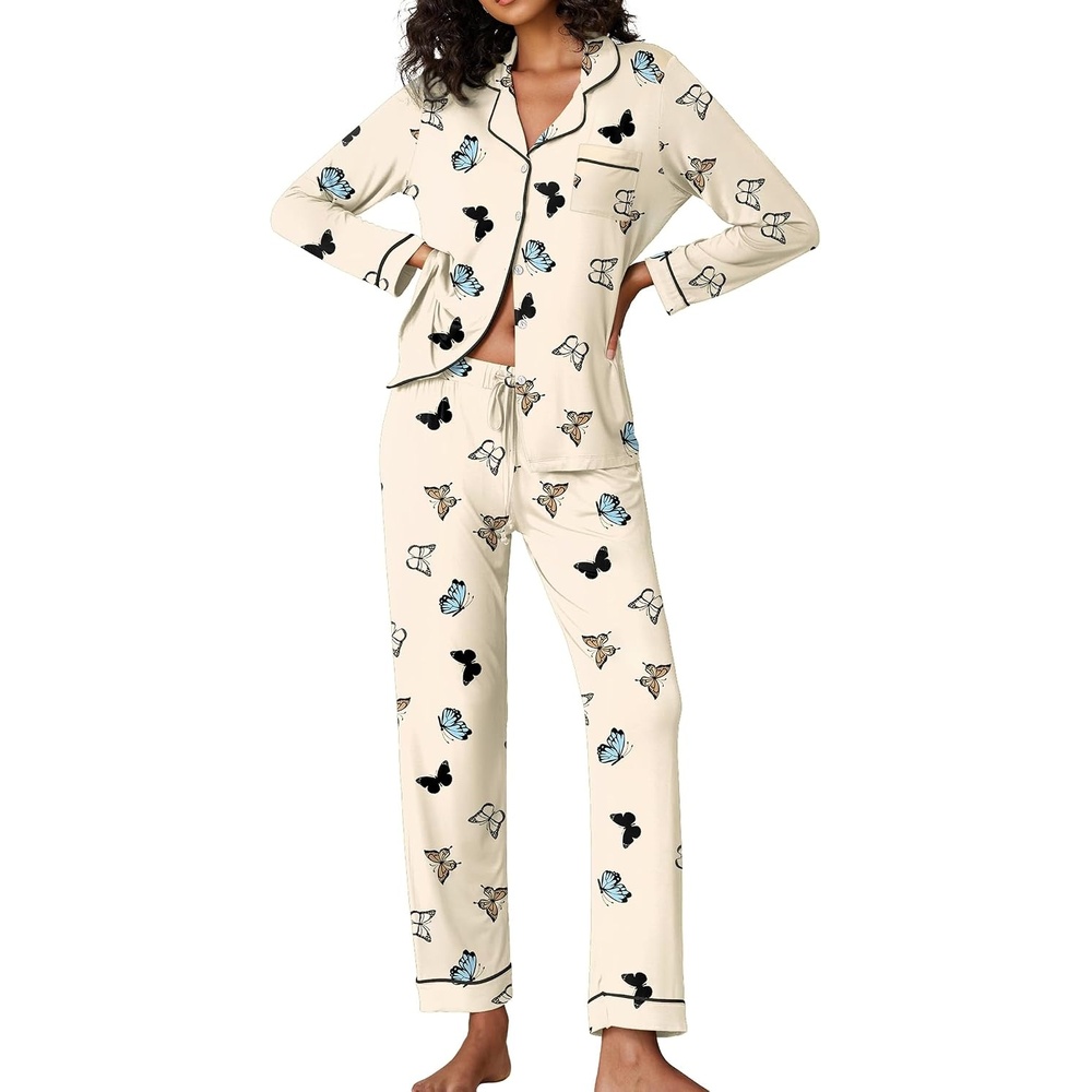 image:imageEkouaer Pajamas Womens Long Sleeve Sleepwear Button Down Loungewear Pjs Set Comfy SoftClassic Notch Collar2 Piece Matching Set for PostpartumMaternityBridalTravelDailyGiftApricot Butterfly