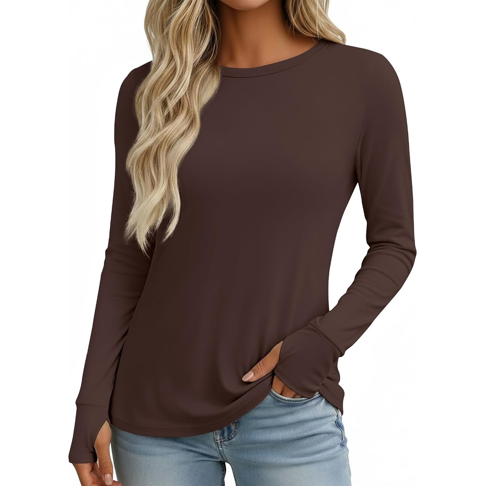 image:imageEkouaer Womens Long Sleeve Shirts Thumb Hole Tops Thermal Fall Clothes  Crew Neck T Shirts Loose Fit Undershirts Layering Casual Work Winter OutfitsBrown