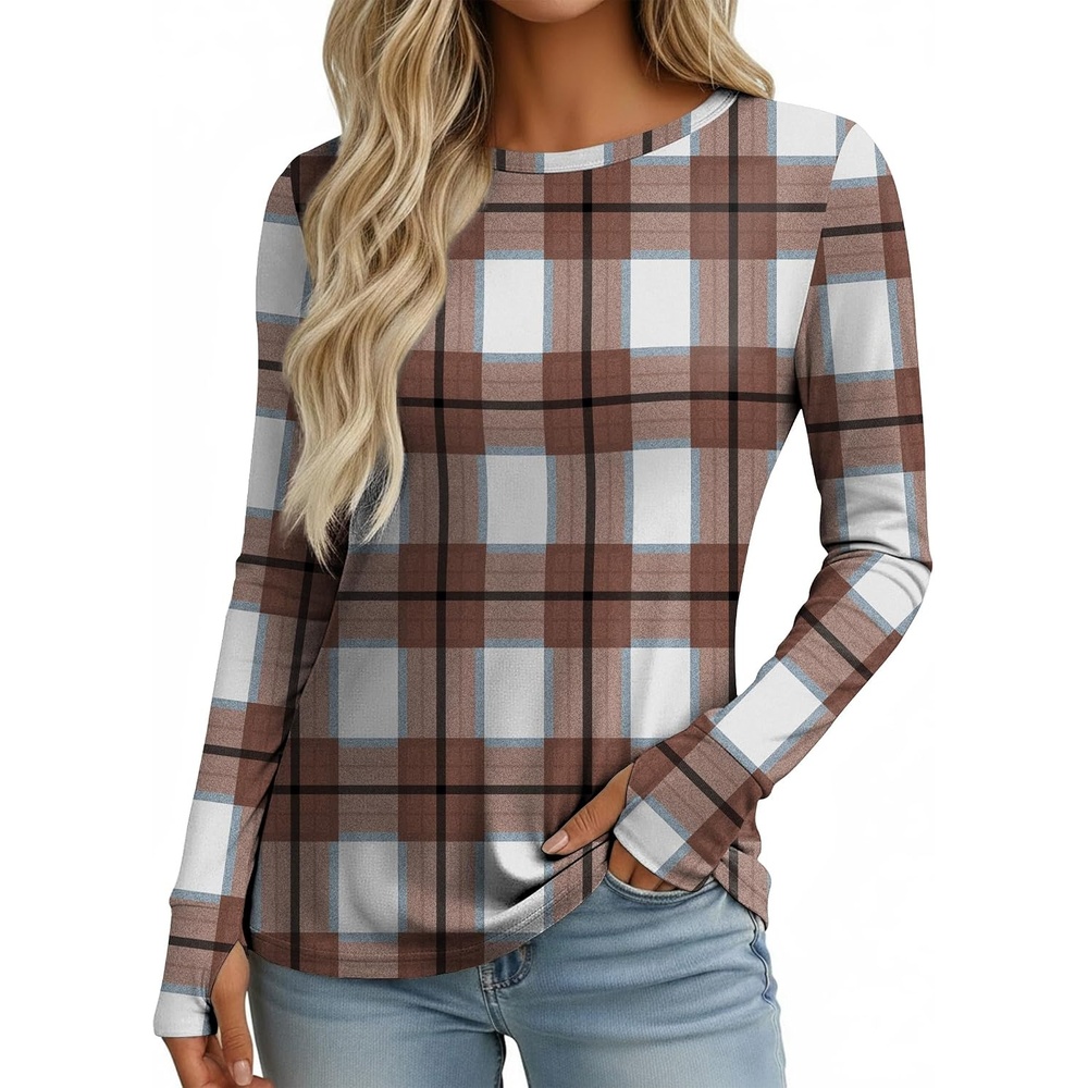 image:imageEkouaer Womens Long Sleeve Shirts Thumb Hole Tops Thermal Fall Clothes Crew Neck T Shirts Loose Fit Undershirts Layering Casual Work Winter OutfitsBrown White Plaid