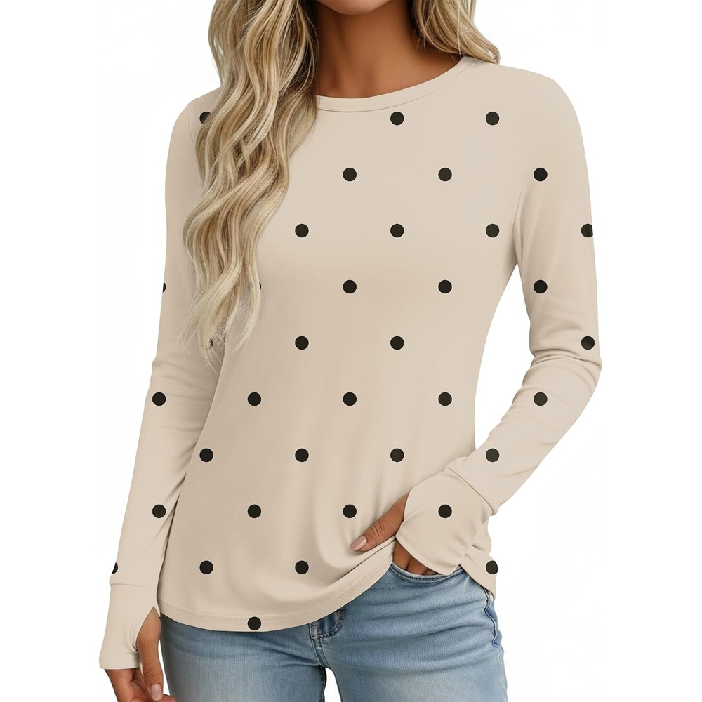image:imageEkouaer Womens Long Sleeve Shirts Thumb Hole Tops Thermal Fall Clothes Crew Neck T Shirts Loose Fit Undershirts Layering Casual Work Winter OutfitsPolka Dot Khaki