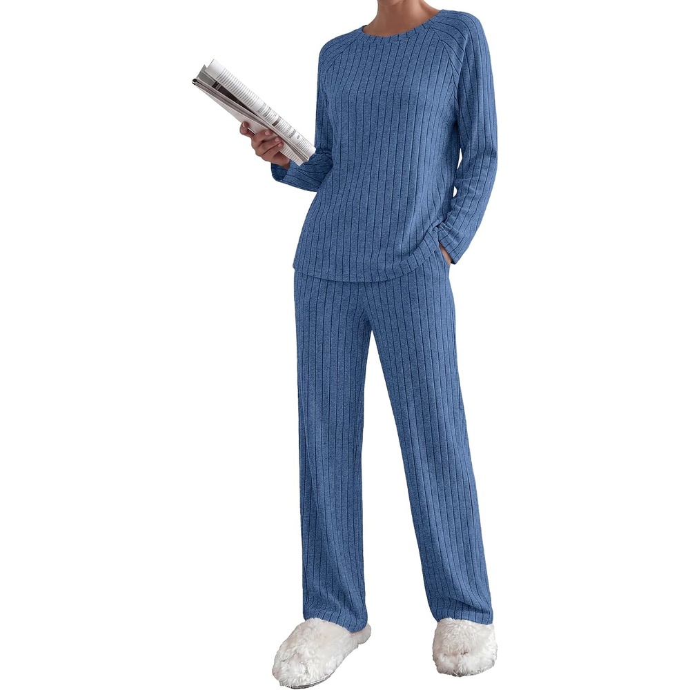 image:imageEkouaer Womens Lounge Sets Long Sleeve Casual Pajama Fall Sleepwear Pockets Soft Ribbed Knit Pjs Loungewear 2 Piece Outfits Crew neck Curved Hem Fashion 2026 Matching Sets Women ClothingCaptains Blue
