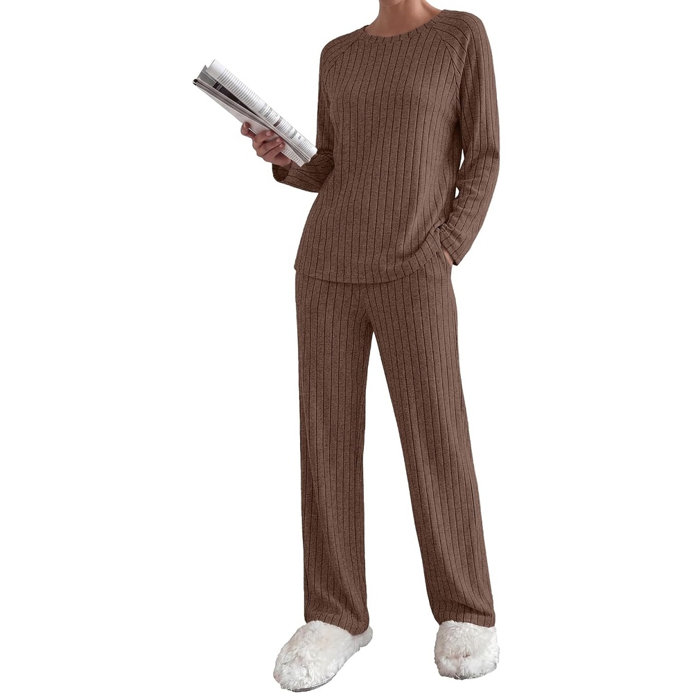 image:imageEkouaer Womens Lounge Sets Long Sleeve Casual Pajama Fall Sleepwear Pockets Soft Ribbed Knit Pjs Loungewear 2 Piece Outfits Crew neck Curved Hem Fashion 2026 Matching Sets Women ClothingBrown