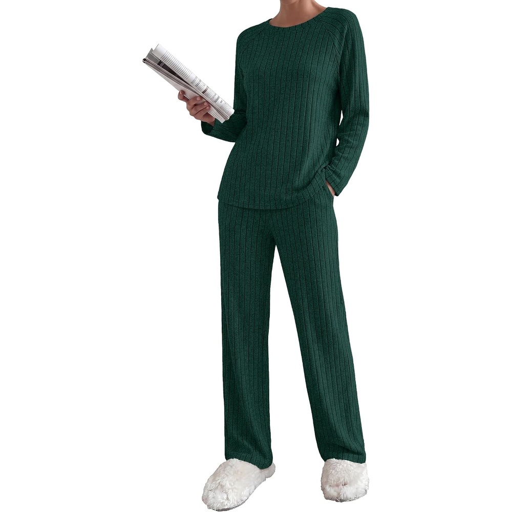 image:imageEkouaer Womens Lounge Sets Long Sleeve Casual Pajama Fall Sleepwear Pockets Soft Ribbed Knit Pjs Loungewear 2 Piece Outfits Crew neck Curved Hem Fashion 2026 Matching Sets Women ClothingGreen