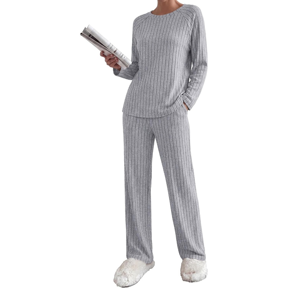 image:imageEkouaer Womens Lounge Sets Long Sleeve Casual Pajama Fall Sleepwear Pockets Soft Ribbed Knit Pjs Loungewear 2 Piece Outfits Crew neck Curved Hem Fashion 2026 Matching Sets Women ClothingLight Gray