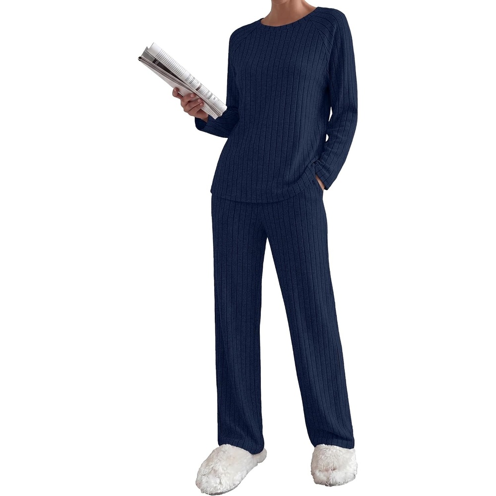 image:imageEkouaer Womens Lounge Sets Long Sleeve Casual Pajama Fall Sleepwear Pockets Soft Ribbed Knit Pjs Loungewear 2 Piece Outfits Crew neck Curved Hem Fashion 2026 Matching Sets Women ClothingNavy Blue