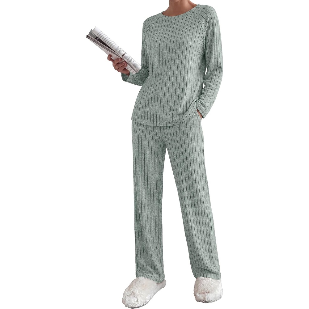 image:imageEkouaer Womens Lounge Sets Long Sleeve Casual Pajama Fall Sleepwear Pockets Soft Ribbed Knit Pjs Loungewear 2 Piece Outfits Crew neck Curved Hem Fashion 2026 Matching Sets Women ClothingLight Green