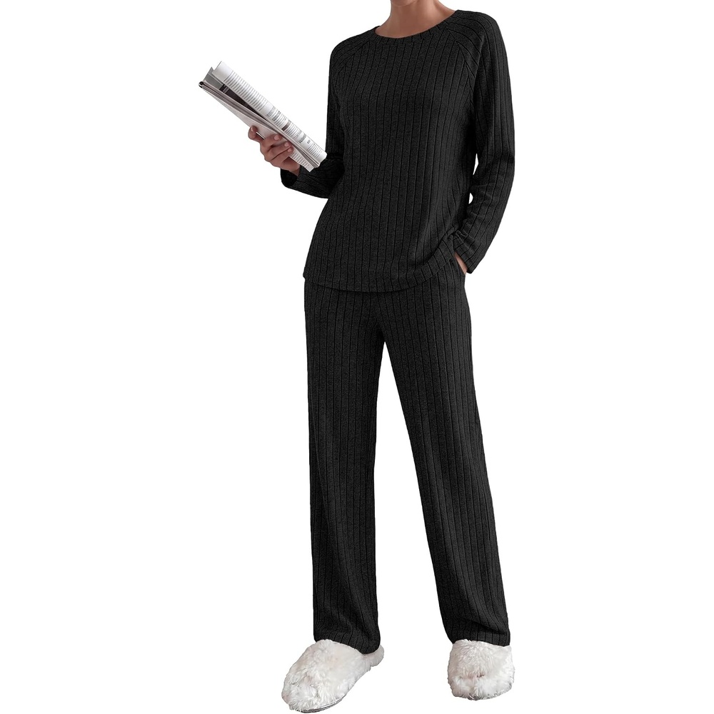 image:imageEkouaer Womens Lounge Sets Long Sleeve Casual Pajama Fall Sleepwear Pockets  Soft Ribbed Knit Pjs Loungewear 2 Piece Outfits Crew neck Curved Hem Fashion 2026 Matching Sets Women ClothingBlack