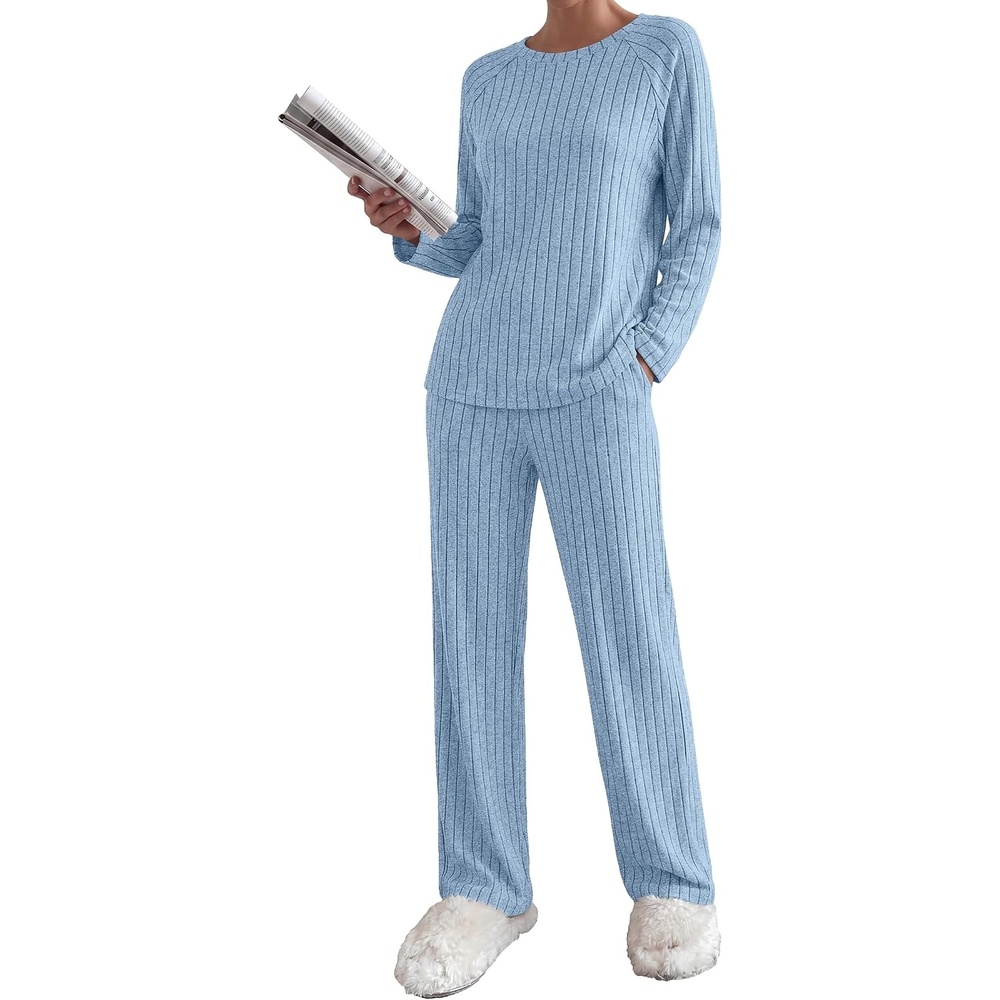 image:imageEkouaer Womens Lounge Sets Long Sleeve Casual Pajama Fall Sleepwear Pockets Soft Ribbed Knit Pjs Loungewear 2 Piece Outfits Crew neck Curved Hem Fashion 2026 Matching Sets Women ClothingLight Blue