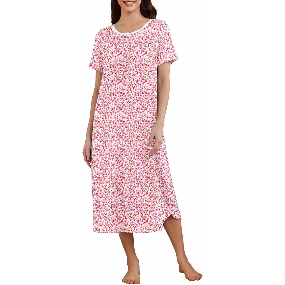 image:imageEkouaer Womens Nightgowns Long Sleep Dress Short Sleeve Henley Loungewear  Floral Print Night Dress S3XL Lace Nightgowns Ladies Lounge Dress Soft Long Sleep Shirt Sleep Daily Wear HomePink Flower