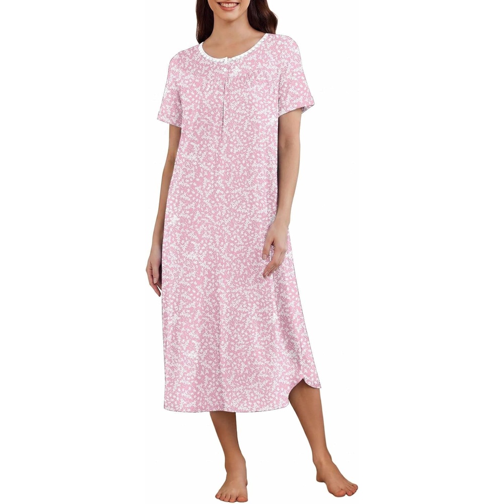 image:imageEkouaer Womens Nightgowns Long Sleep Dress Short Sleeve Henley Loungewear  Floral Print Night Dress S3XL Lace Nightgowns Ladies Lounge Dress Soft Long Sleep Shirt Sleep Daily Wear HomePink Floral