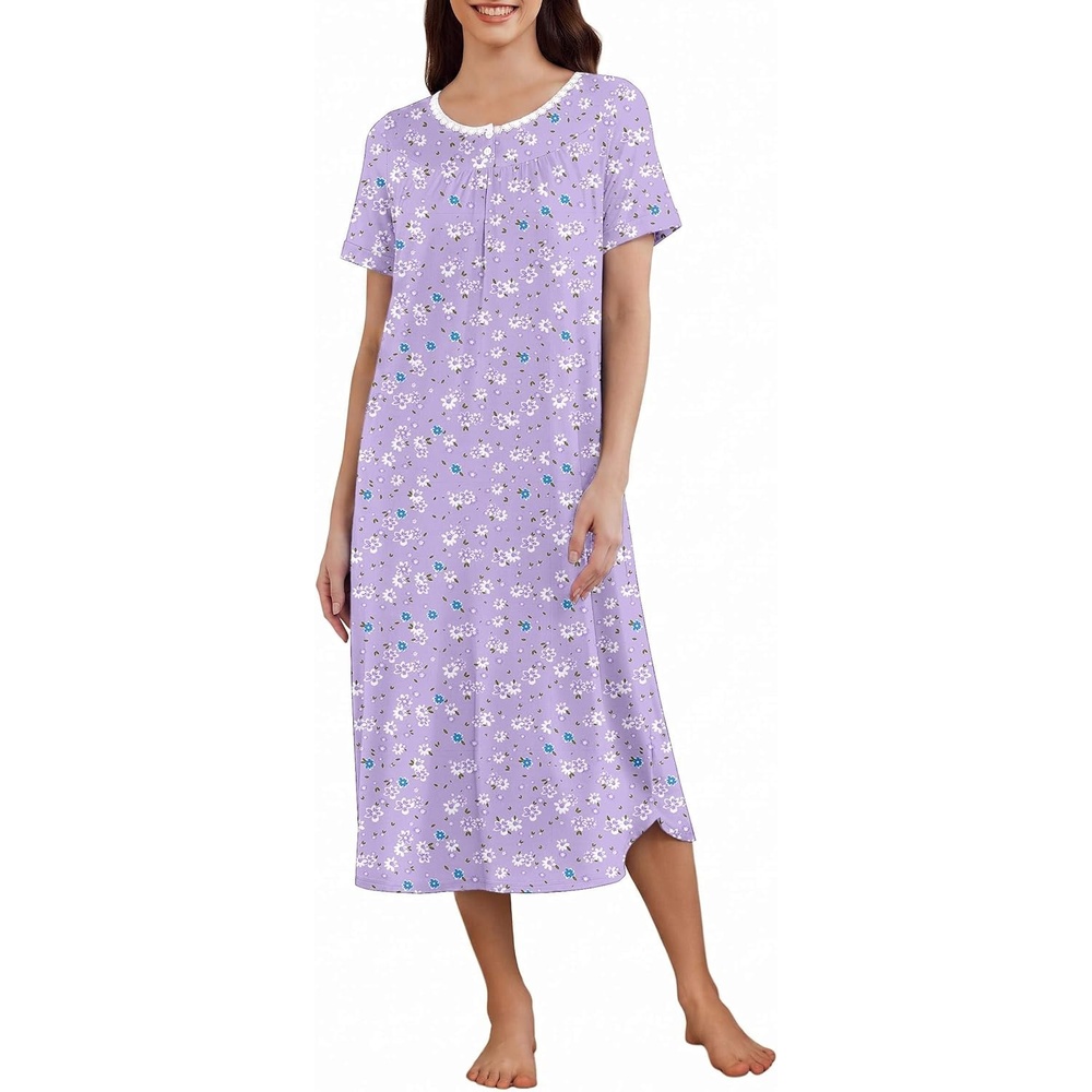 image:imageEkouaer Womens Nightgowns Long Sleep Dress Short Sleeve Henley Loungewear  Floral Print Night Dress S3XL Lace Nightgowns Ladies Lounge Dress Soft Long Sleep Shirt Sleep Daily Wear HomePurple Flower