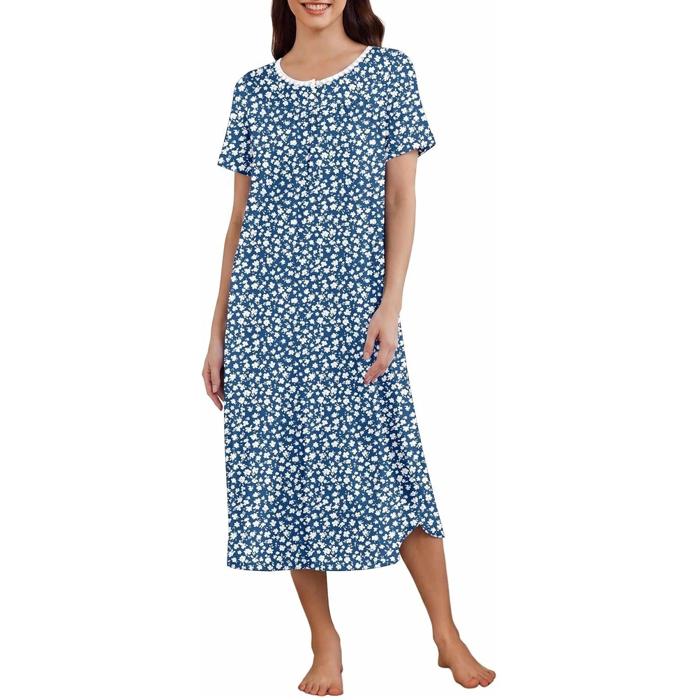 image:imageEkouaer Womens Nightgowns Long Sleep Dress Short Sleeve Henley Loungewear  Floral Print Night Dress S3XL Lace Nightgowns Ladies Lounge Dress Soft Long Sleep Shirt Sleep Daily Wear HomeBlue Ditsy Floral