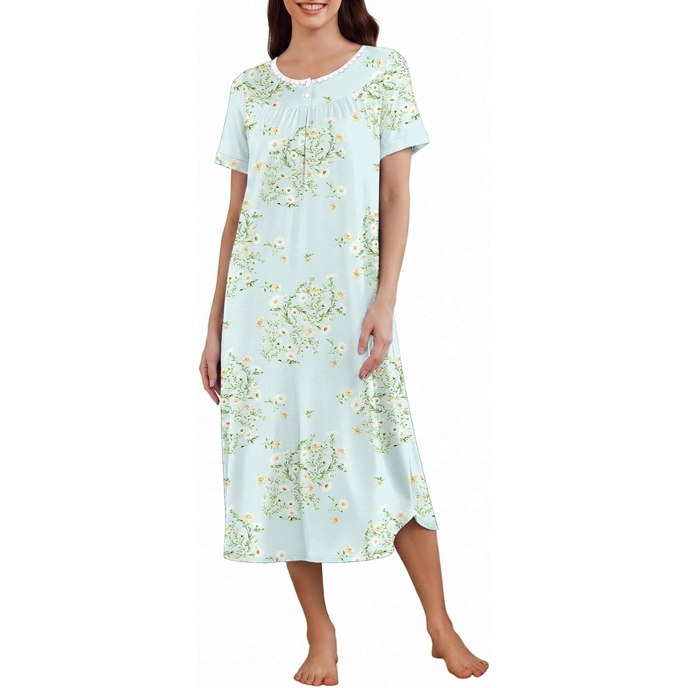 image:imageEkouaer Womens Nightgowns Long Sleep Dress Short Sleeve Henley Loungewear  Floral Print Night Dress S3XL Lace Nightgowns Ladies Lounge Dress Soft Long Sleep Shirt Sleep Daily Wear HomeGreen Daisy