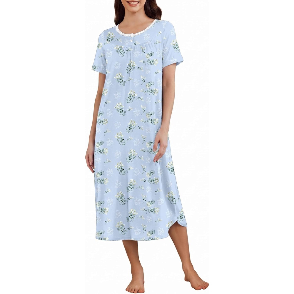 image:imageEkouaer Womens Nightgowns Long Sleep Dress Short Sleeve Henley Loungewear  Floral Print Night Dress S3XL Lace Nightgowns Ladies Lounge Dress Soft Long Sleep Shirt Sleep Daily Wear HomeLight Blue Floral