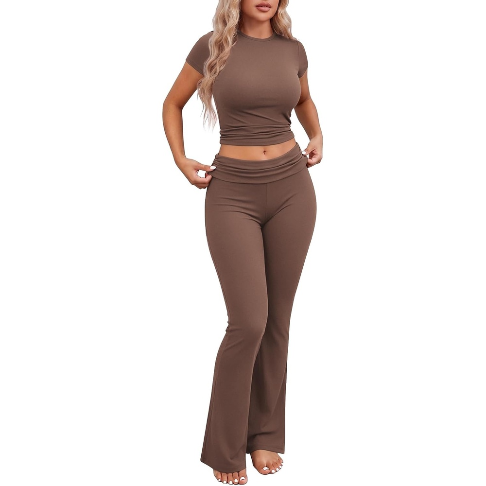 image:imageEkouaer Womens Pajama Set Short Sleeve Crop Top Foldover Flare Pants Soft Comfy Stretchy Summer Wear Fall Layer High Waist Fold Waistband For Loungewear Yoga Daily Casual WearBrown