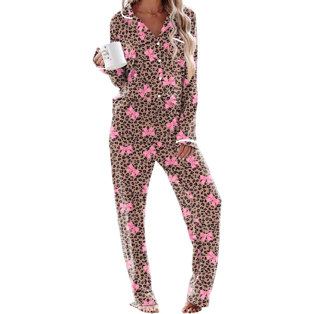 image:imageEkouaer Womens Pajama Sets Long Sleeve Button Down 2 Piece Soft Pjs Soft 2 Piece Lounge Sets Fall Sleepwear Long Pants With Side Pockets Soft and SkinFriendly FabricLeopard Bow